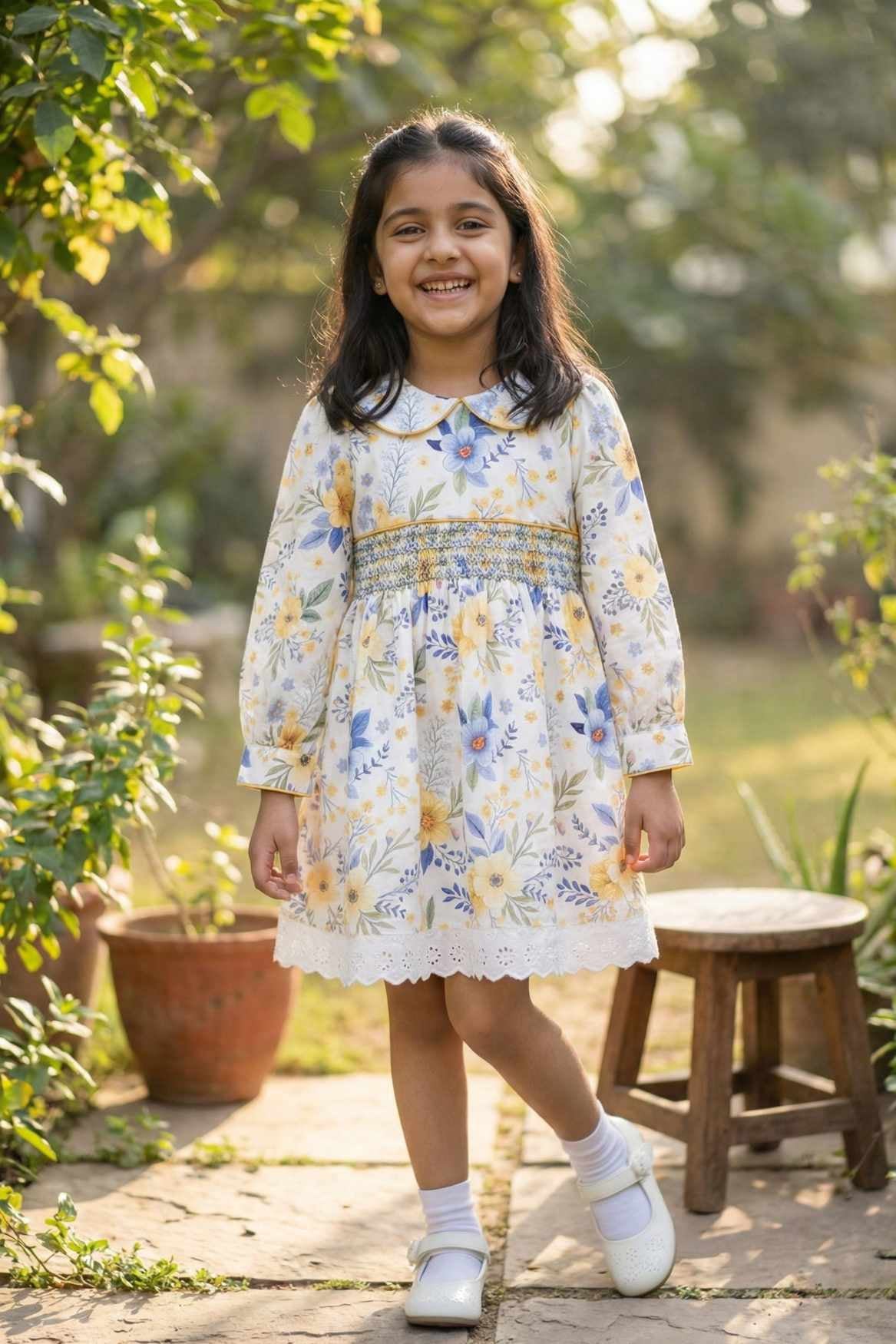 Yellow & Blue Floral Dress with Peter Pan Collar For Girls