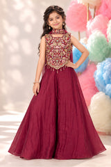 Girls Maroon Embroidered Palazzo Set With Dupatta