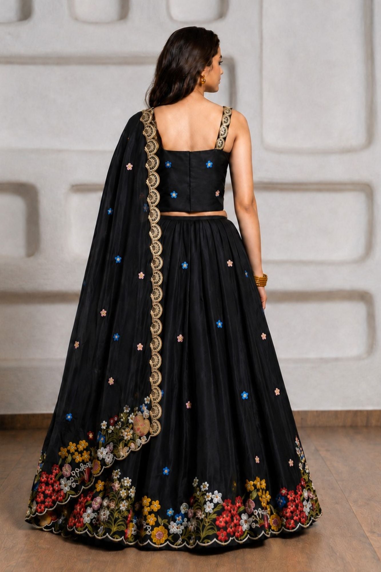 Girls Black Multicolour Floral Embroidered Lehenga Choli