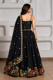 Girls Black Multicolour Floral Embroidered Lehenga Choli