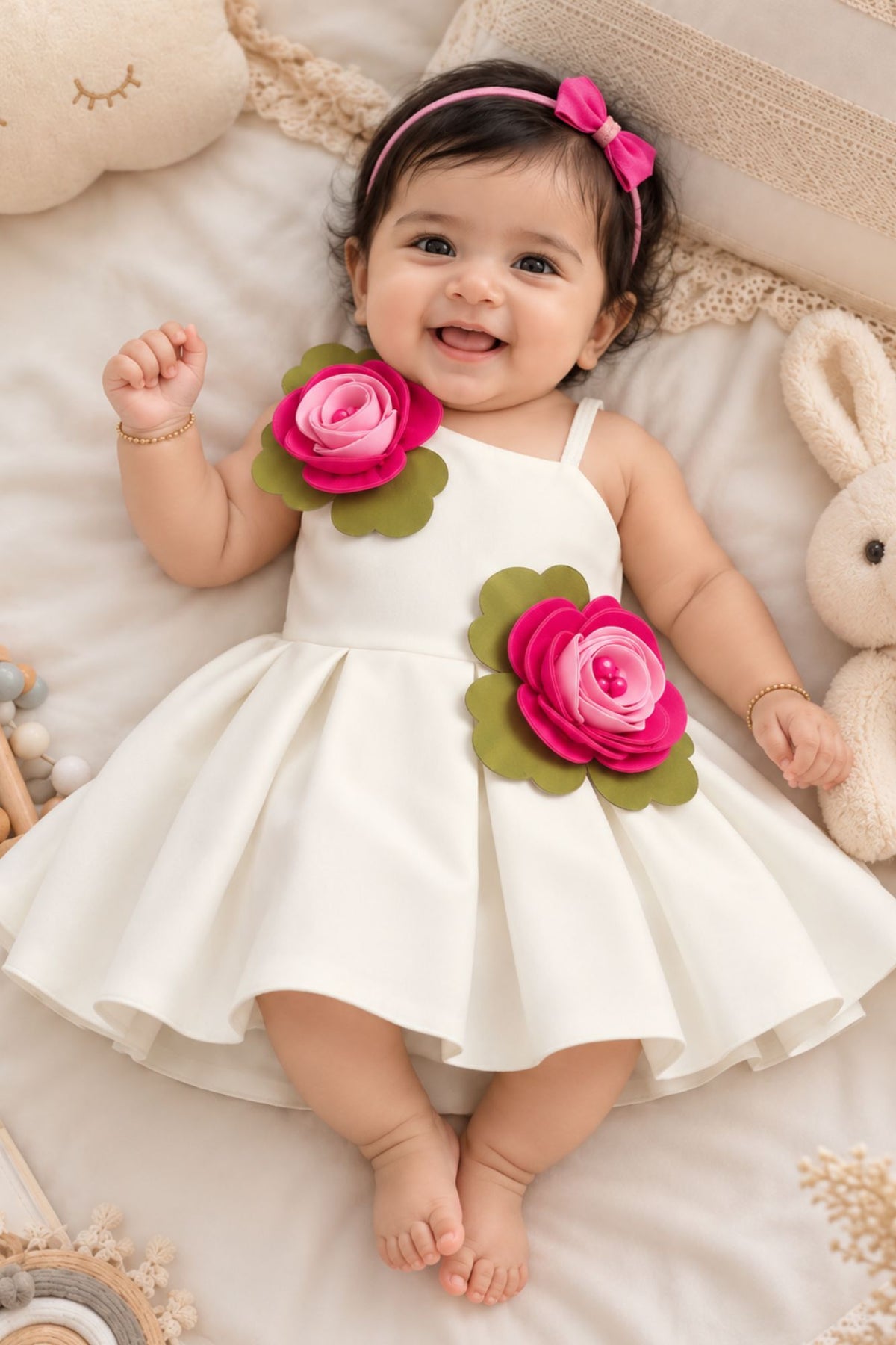 Girls White 3D Rose Applique Party Wear Frock