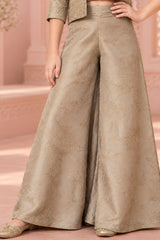 Beige Embroidered Crop Top Palazzo Set with Jacket For Girls
