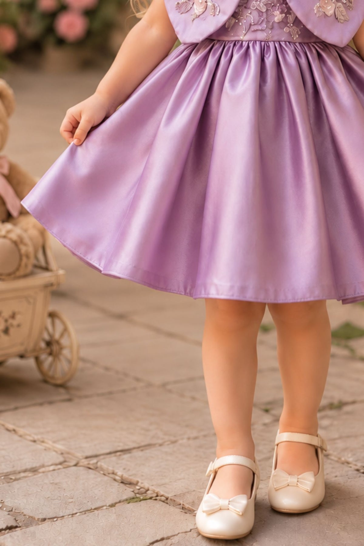 Girls Onion Pink Floral Embroidered Cap Style Party Wear Frock