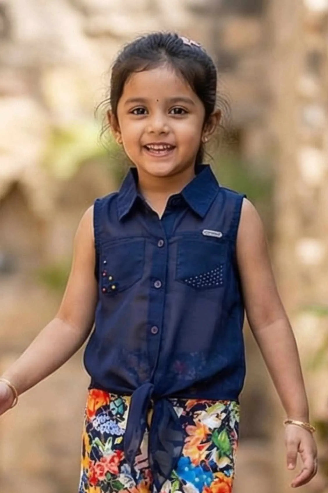 Navy Blue Top With Pants Set For Girls
