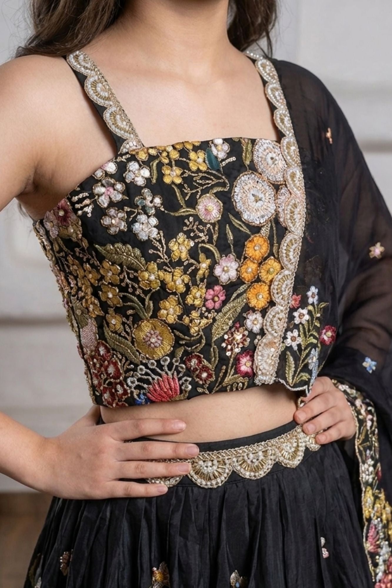 Girls Black Multicolour Floral Embroidered Lehenga Choli