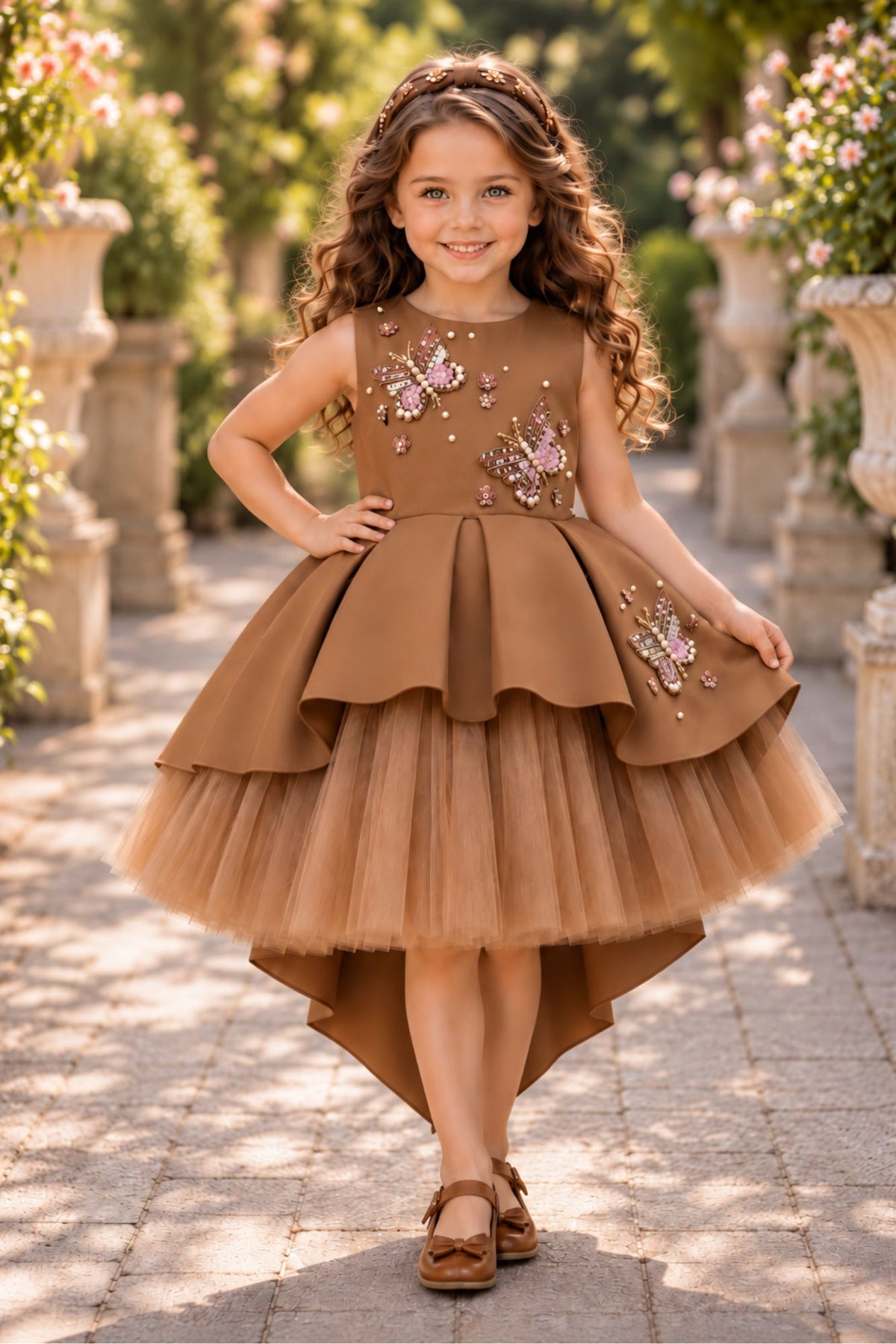 Girls Mocha Brown Butterfly Embellished High-Low Tail Back  Party Wear Frock