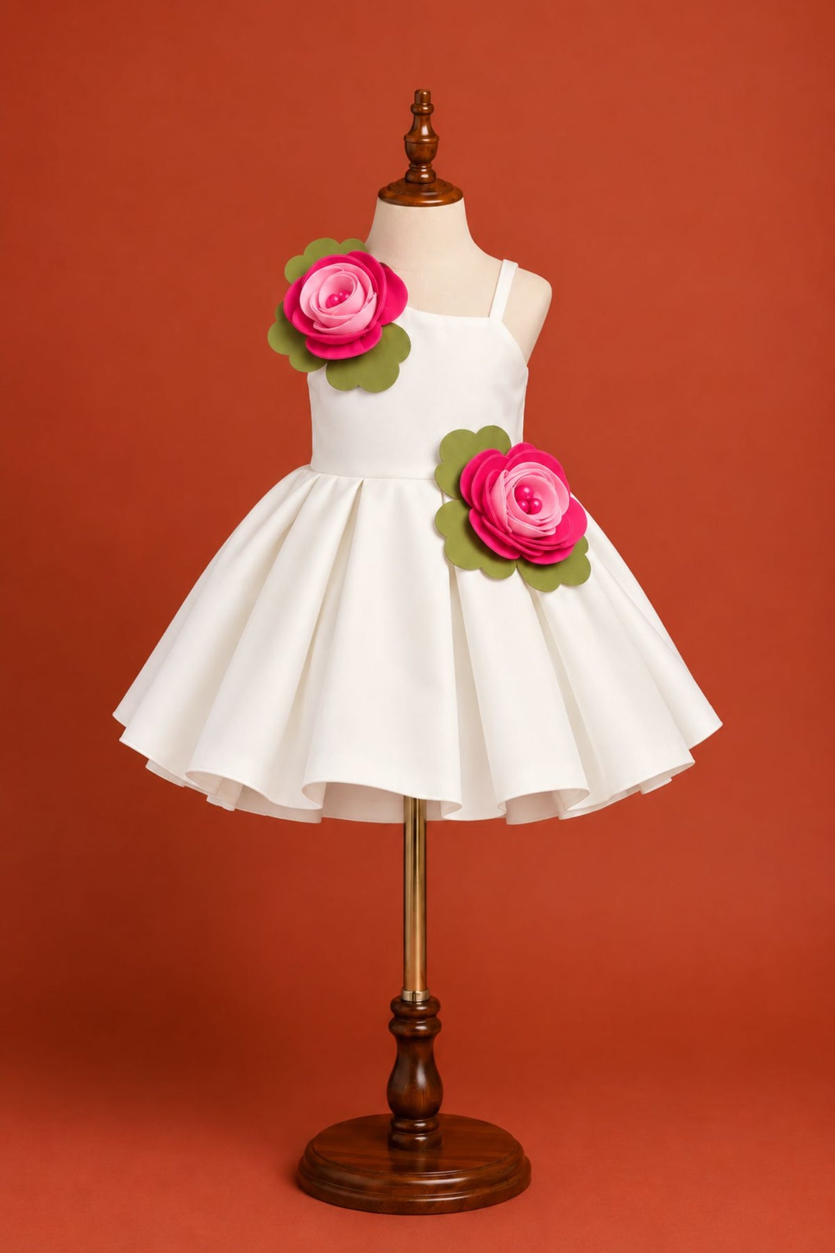 Girls White 3D Rose Applique Party Wear Frock