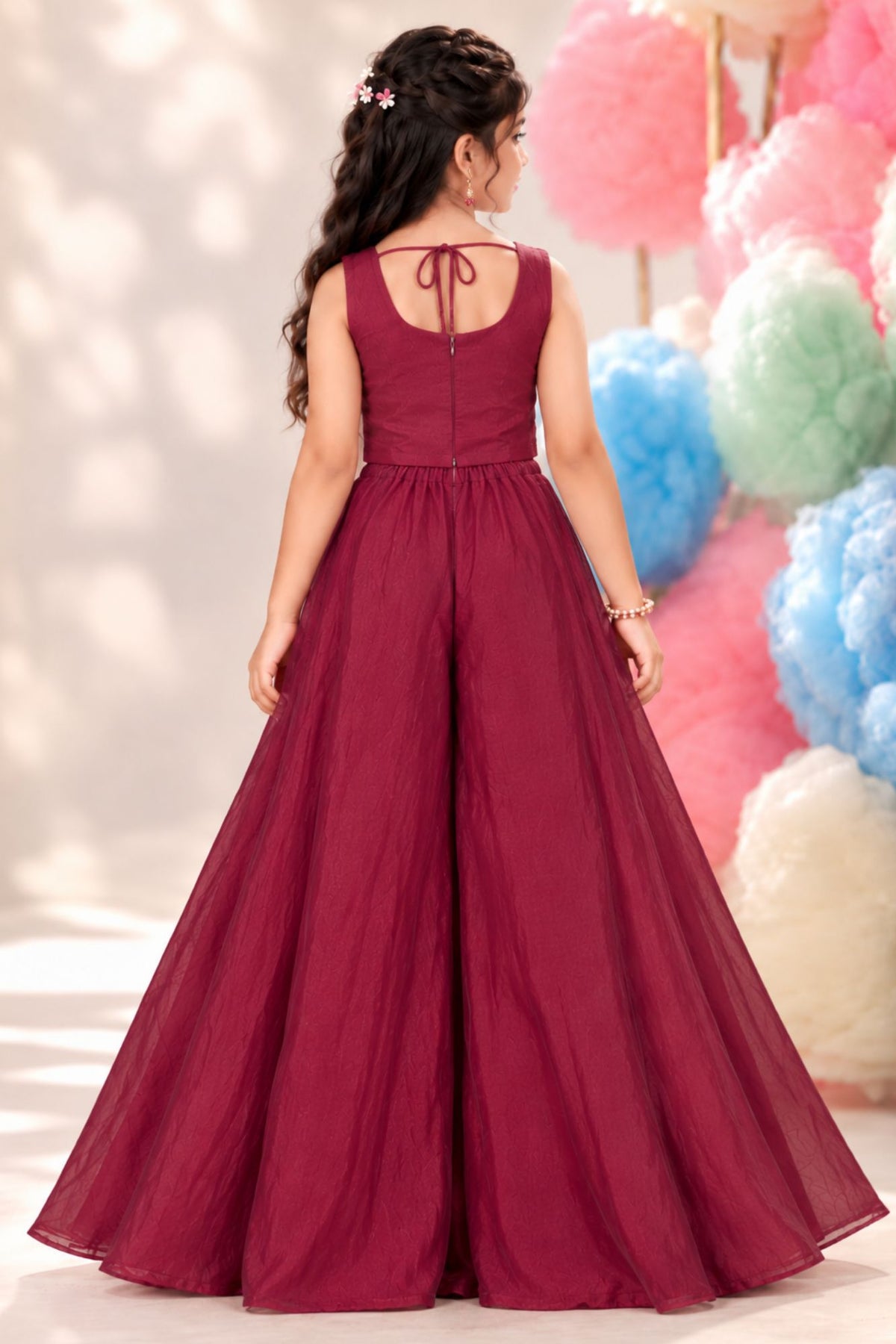 Girls Maroon Embroidered Palazzo Set With Dupatta