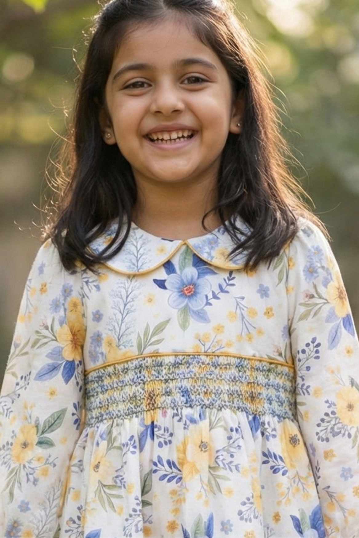 Yellow & Blue Floral Dress with Peter Pan Collar For Girls