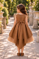 Girls Mocha Brown Butterfly Embellished High-Low Tail Back  Party Wear Frock