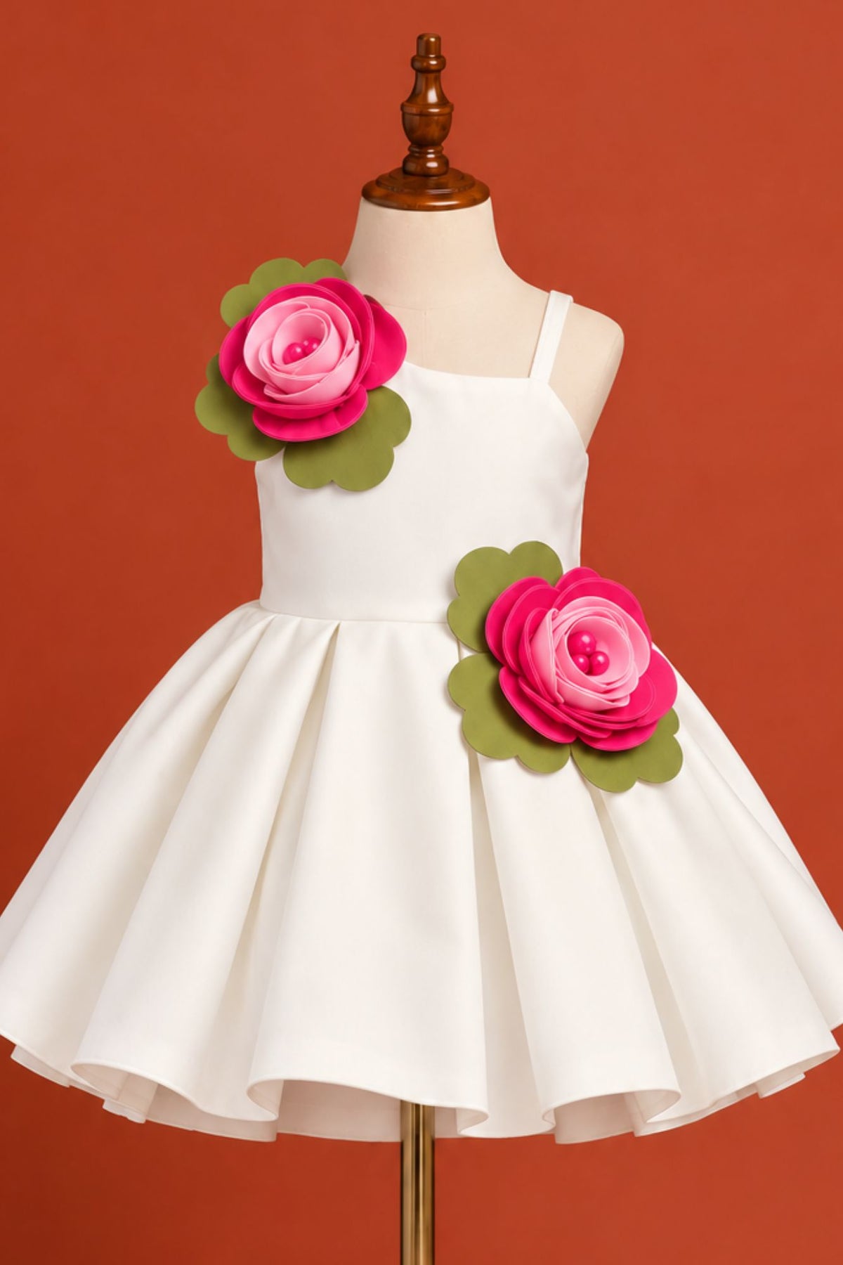Girls White 3D Rose Applique Party Wear Frock