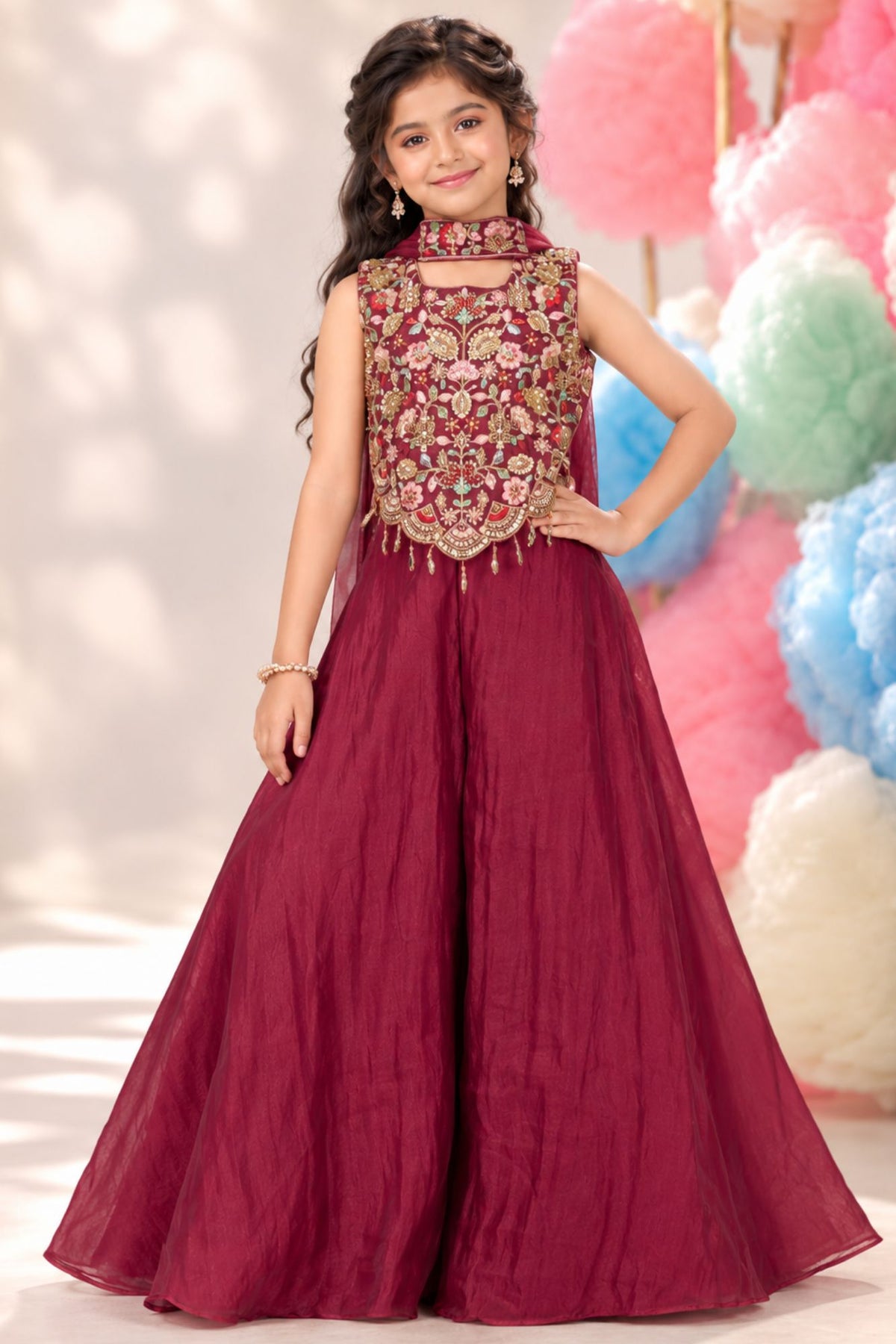 Girls Maroon Embroidered Palazzo Set With Dupatta