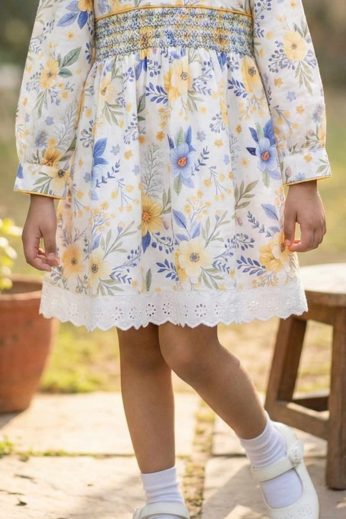 Yellow & Blue Floral Dress with Peter Pan Collar For Girls