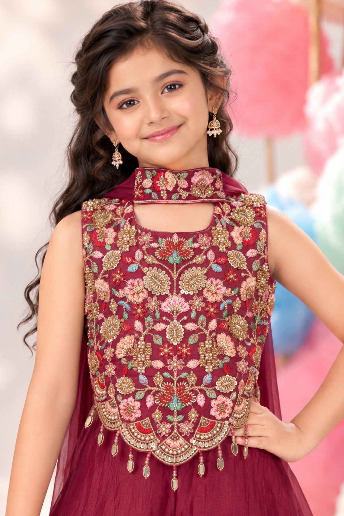 Girls Maroon Embroidered Palazzo Set With Dupatta
