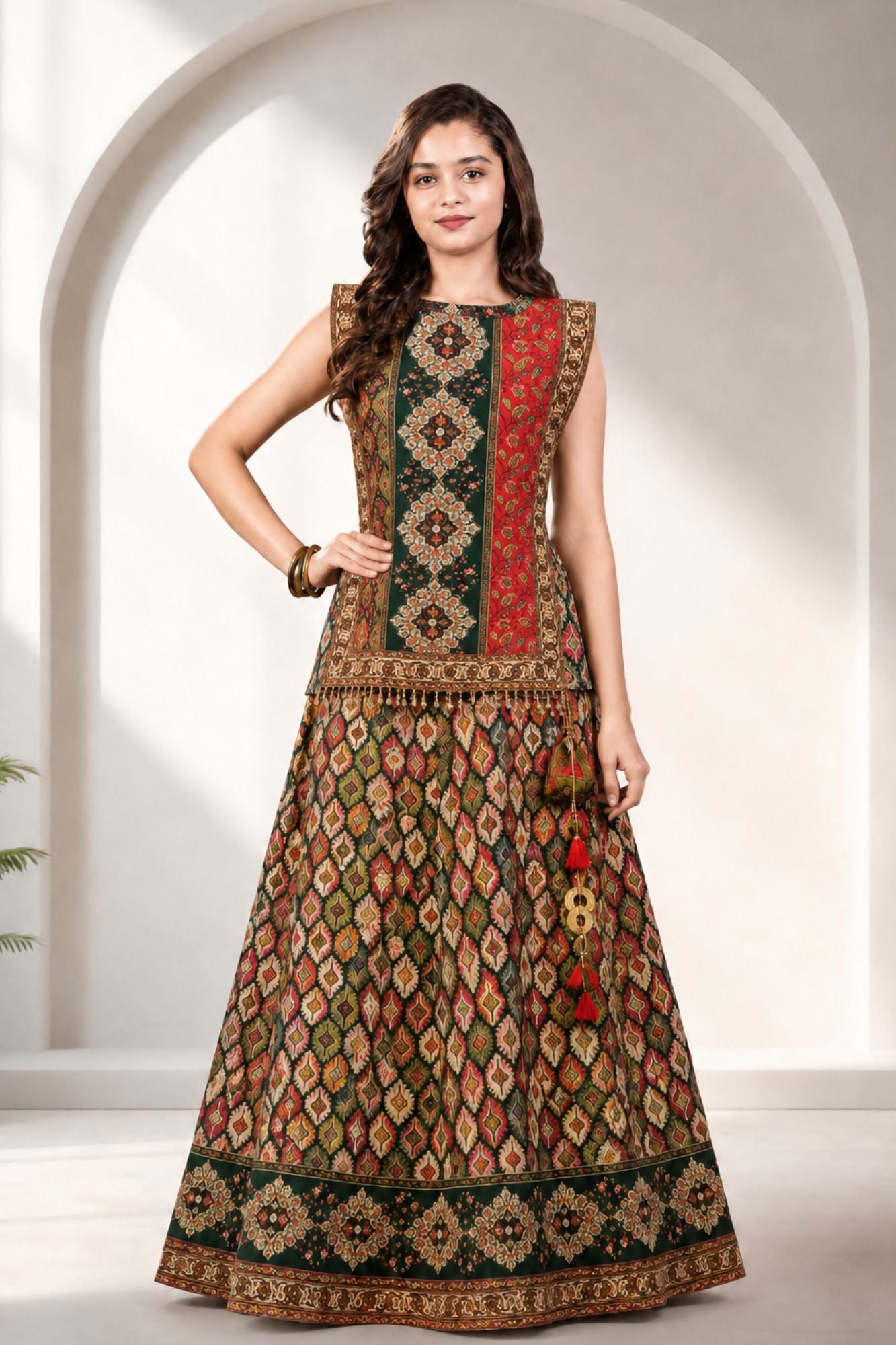 Multicolour Traditional Mirror Embellished Lehenga Choli Set for Girls