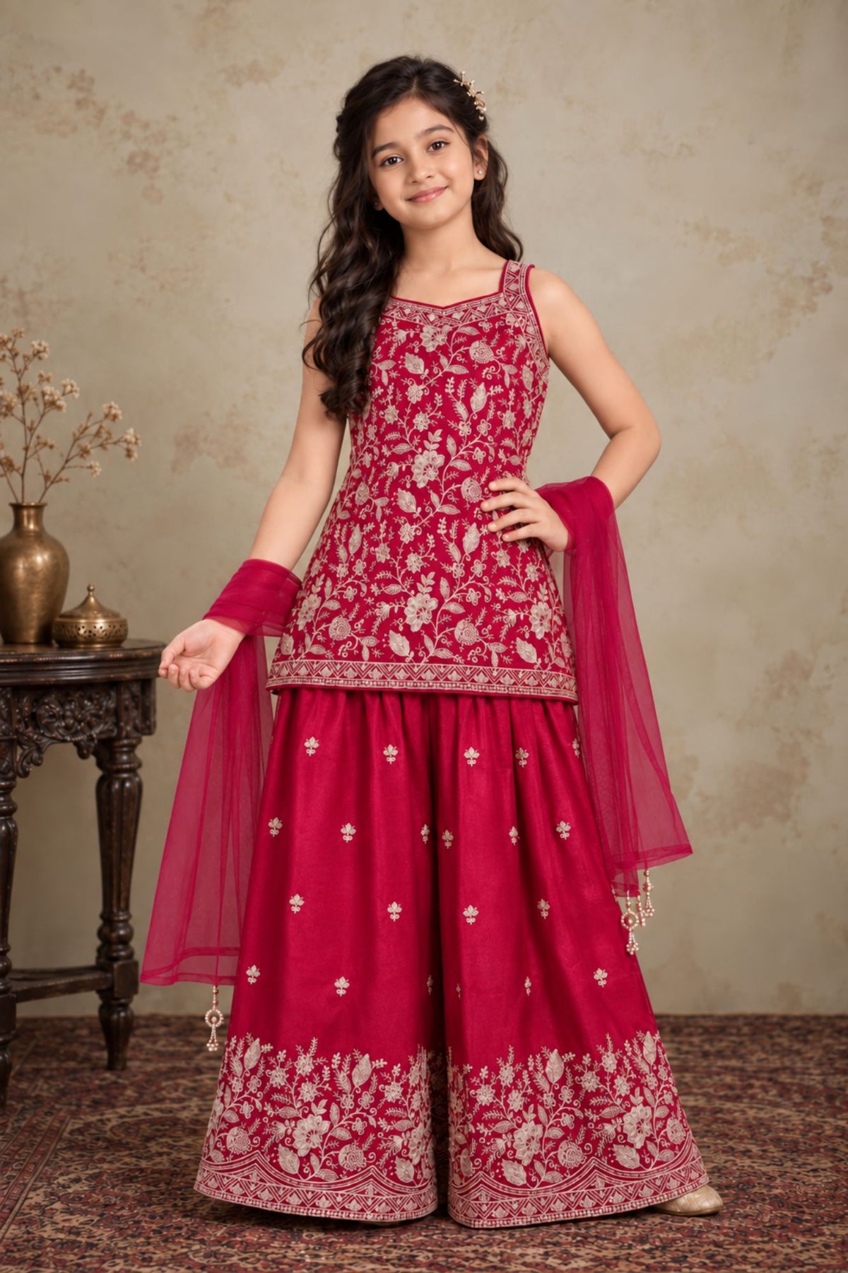 Girls Crimson With Gold Zari Embroidered Palazzo Set with Dupatta