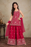 Girls Crimson With Gold Zari Embroidered Palazzo Set with Dupatta