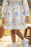 Yellow & Blue Floral Dress with Peter Pan Collar For Girls