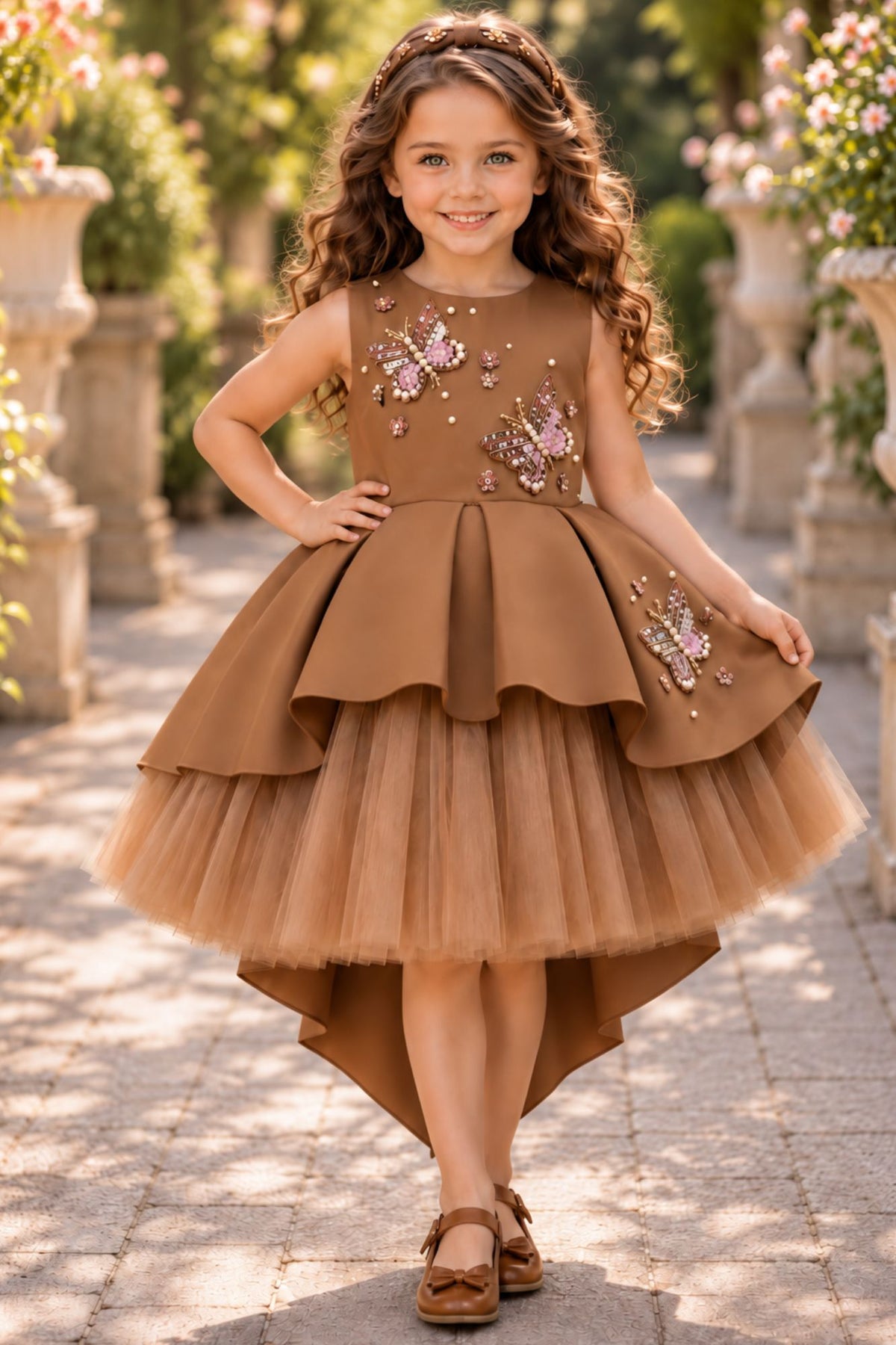 Girls Mocha Brown Butterfly Embellished High-Low Tail Back  Party Wear Frock