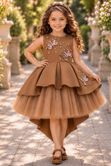 Girls Mocha Brown Butterfly Embellished High-Low Tail Back  Party Wear Frock