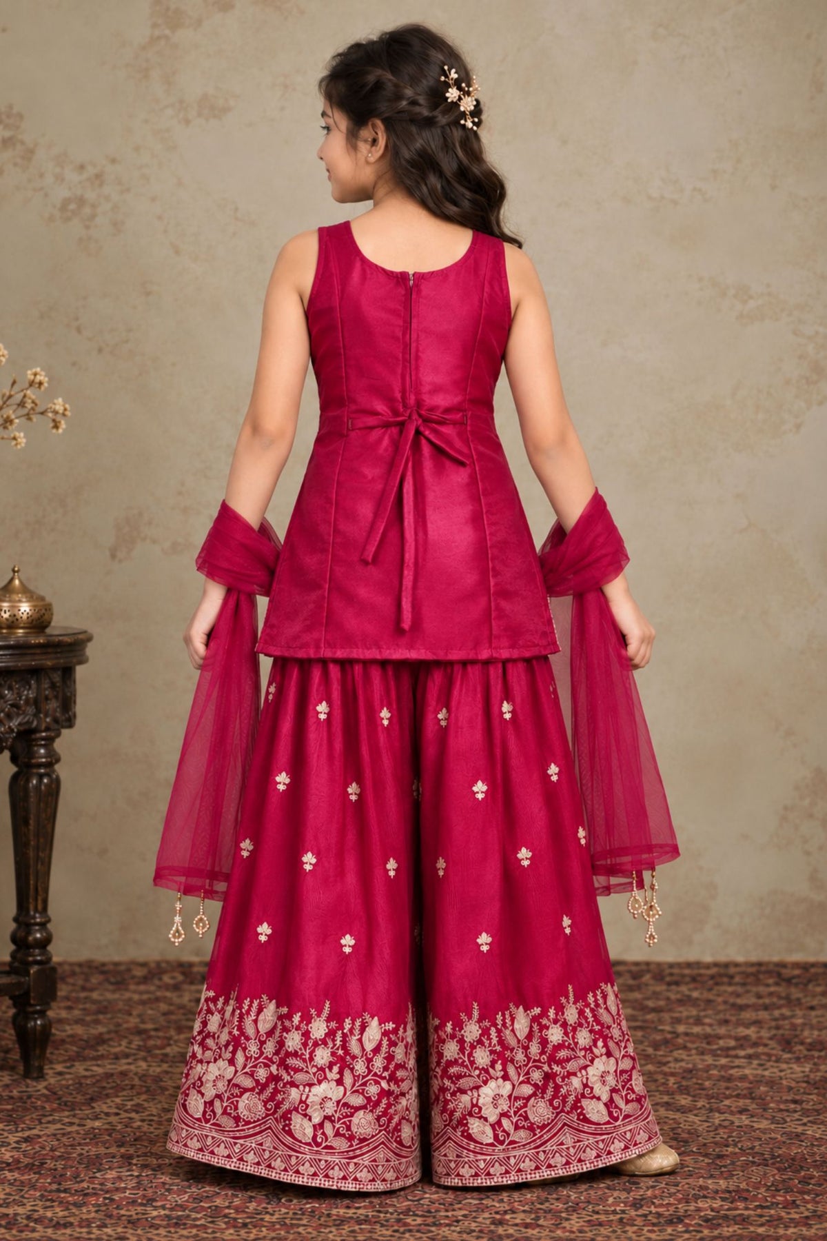 Girls Crimson With Gold Zari Embroidered Palazzo Set with Dupatta
