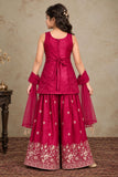 Girls Crimson With Gold Zari Embroidered Palazzo Set with Dupatta