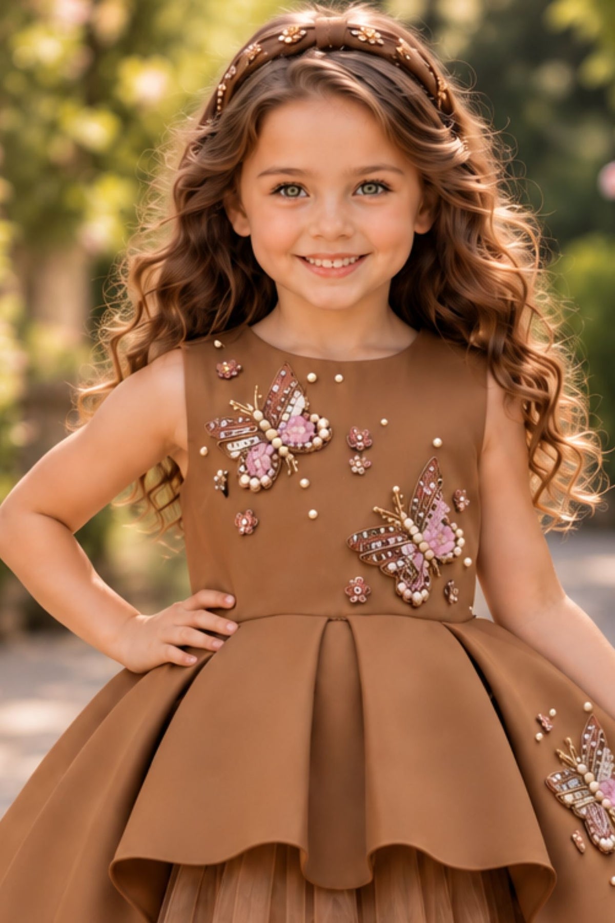 Girls Mocha Brown Butterfly Embellished High-Low Tail Back  Party Wear Frock