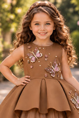 Girls Mocha Brown Butterfly Embellished High-Low Tail Back  Party Wear Frock