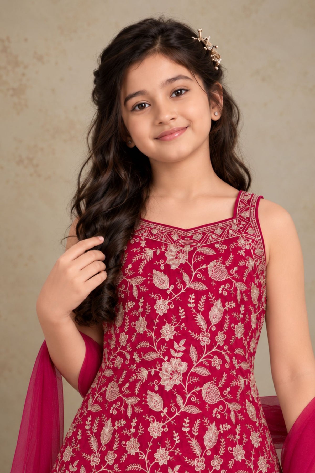 Girls Crimson With Gold Zari Embroidered Palazzo Set with Dupatta