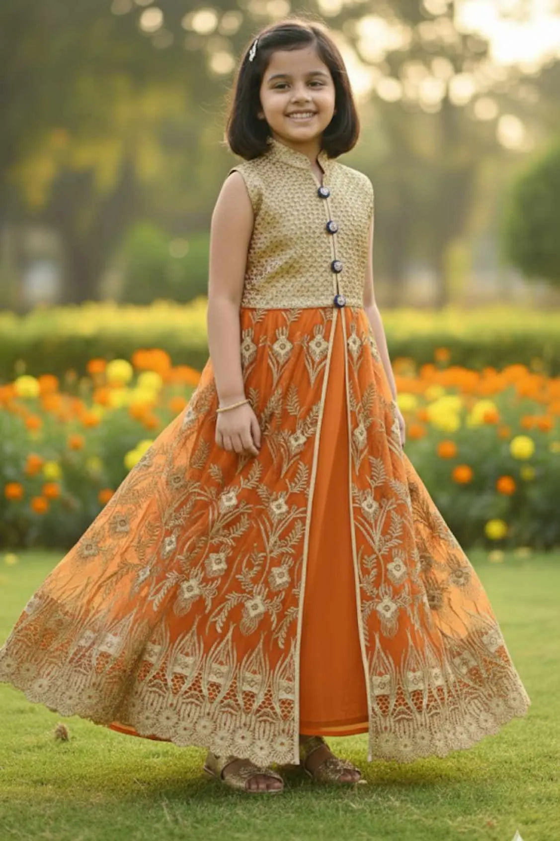 Gold Mastani Top With Orange Lehenga for Girls
