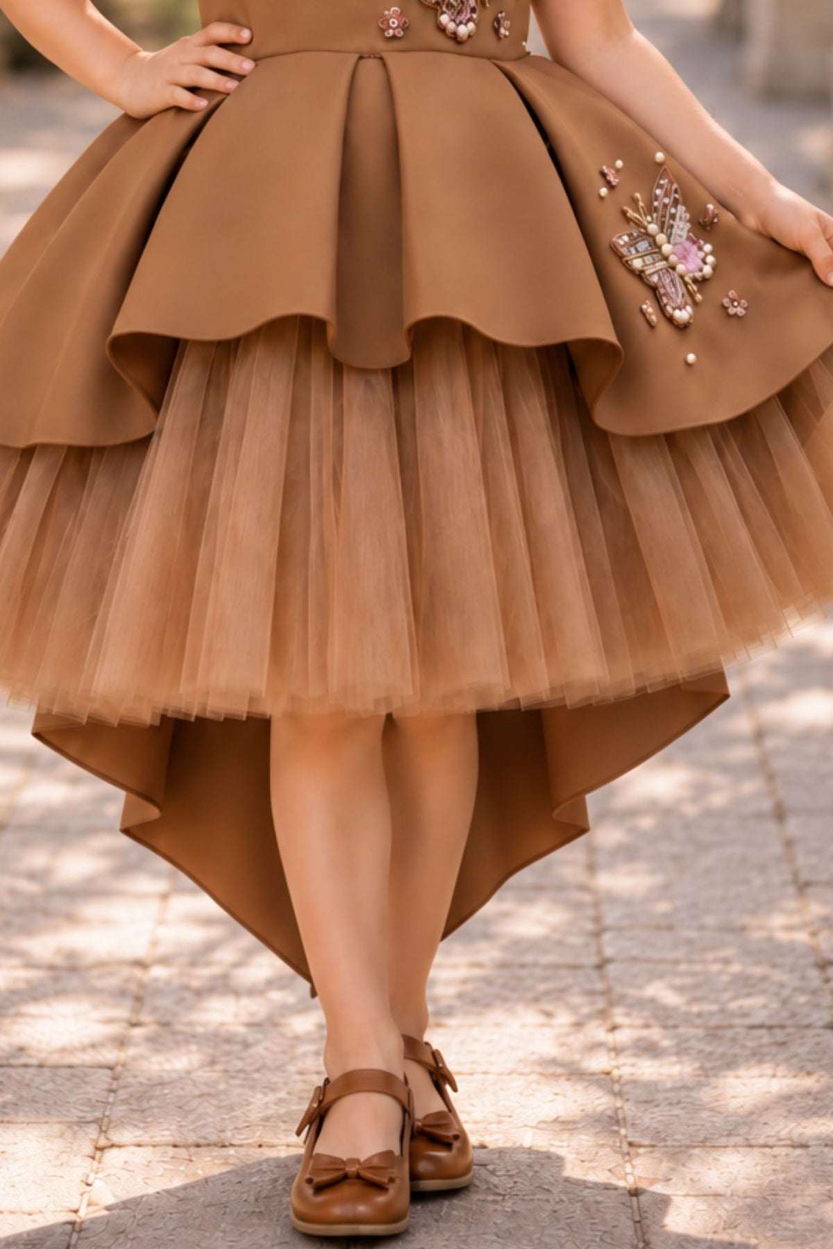 Girls Mocha Brown Butterfly Embellished High-Low Tail Back  Party Wear Frock