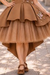 Girls Mocha Brown Butterfly Embellished High-Low Tail Back  Party Wear Frock
