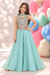 Girls Mint Blue Embroidered Palazzo Set With Dupatta