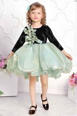 Pista Green Ballon Frock With Floral Embellished For Girls