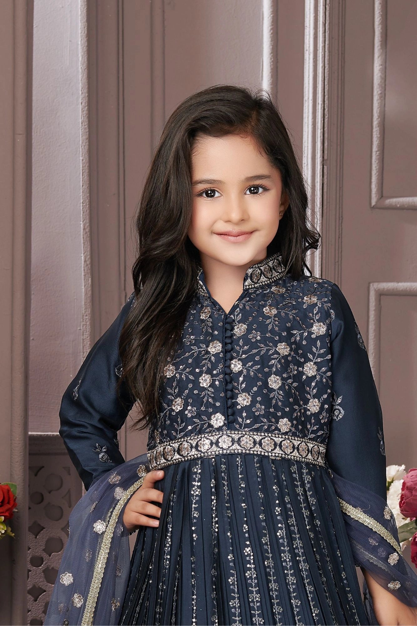 Grey Embroidered Long Ethnic Gown with Dupatta For Girls