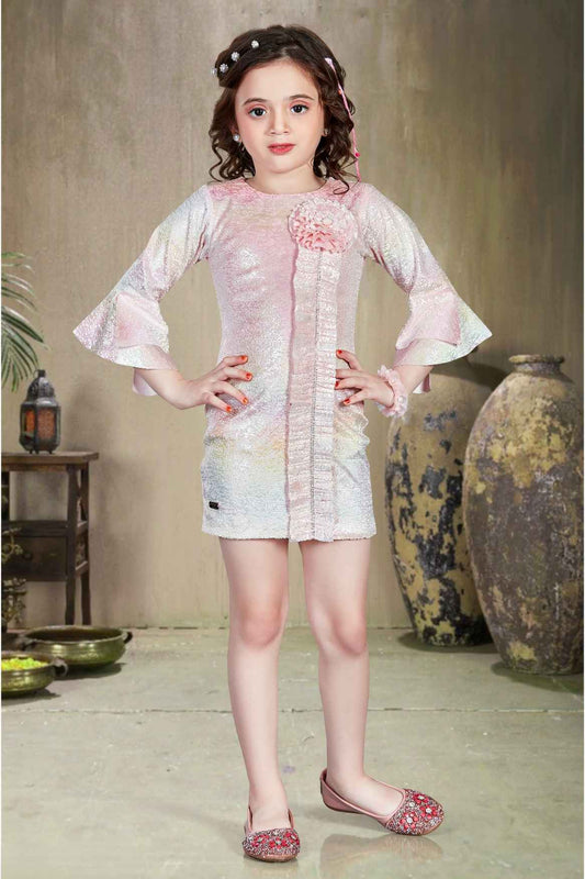 Pink Bell Sleeves With Floral And Stone Embellished Dress For Girls