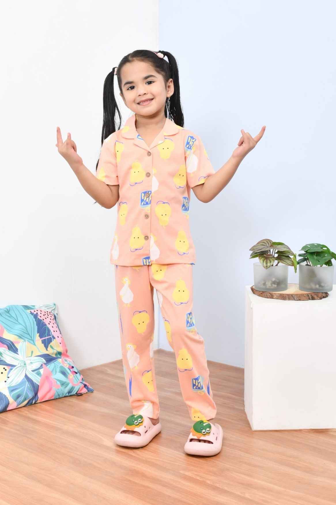 Soft & Comfy Peach Cartoon Print Night Suit Set for Girls