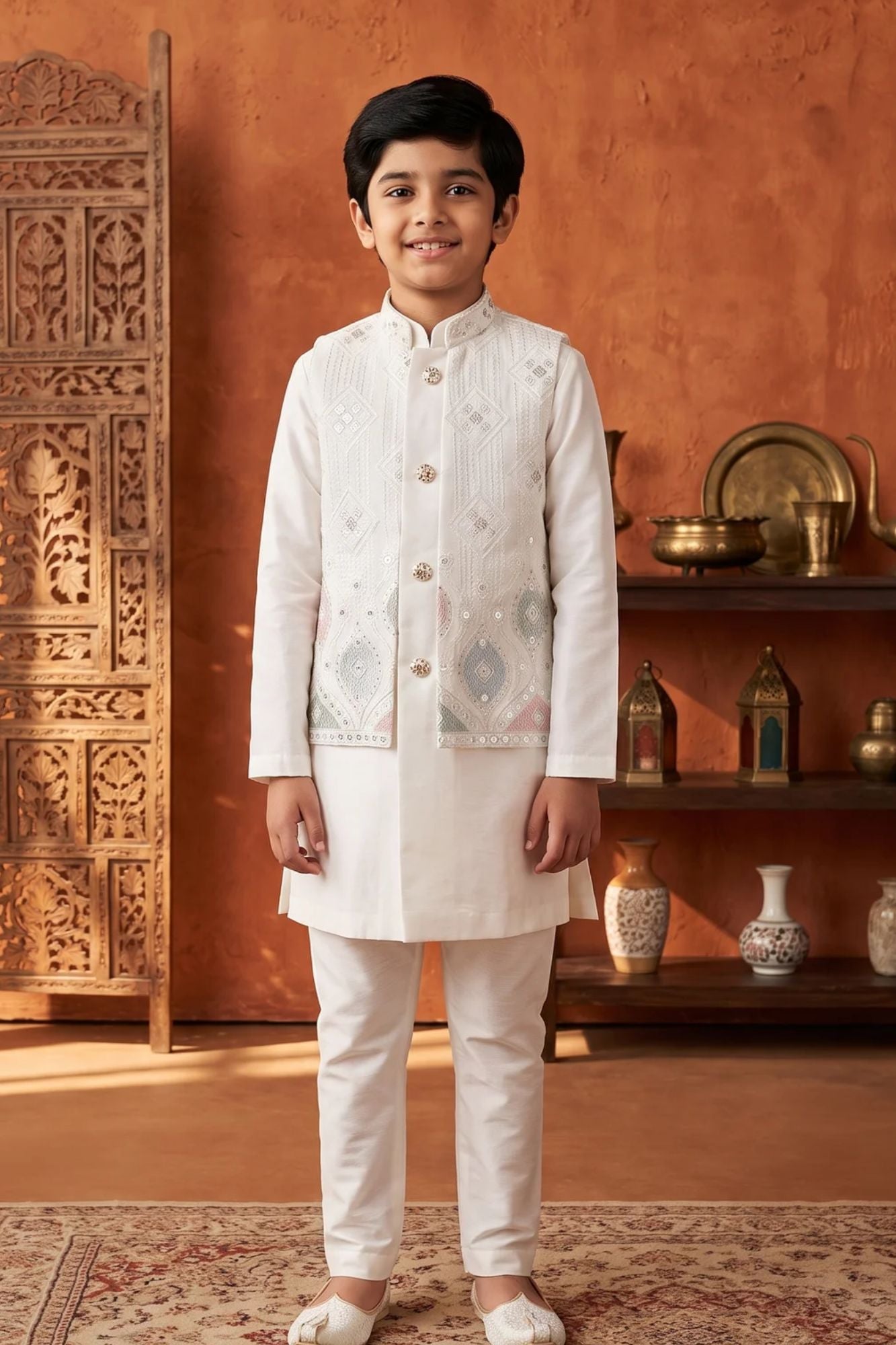 Boys White Pastel Embroidered Kurta Set With Nehru Jacket
