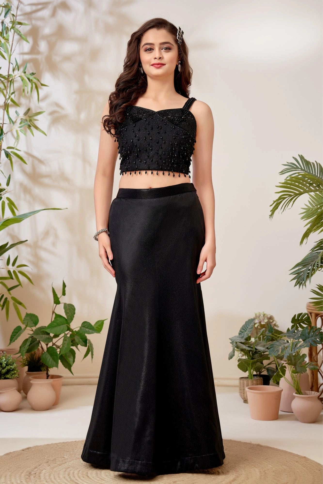 Black Beaded Crop Top & Flared Skirt Lehenga Set for Girls