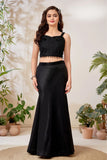 Black Beaded Crop Top & Flared Skirt Lehenga Set for Girls