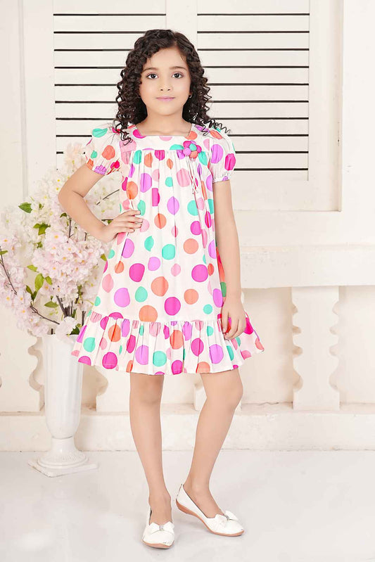 Cream Puff Sleeves Polka Dot Printed With Floral Embellished A-Line Frock For Girls