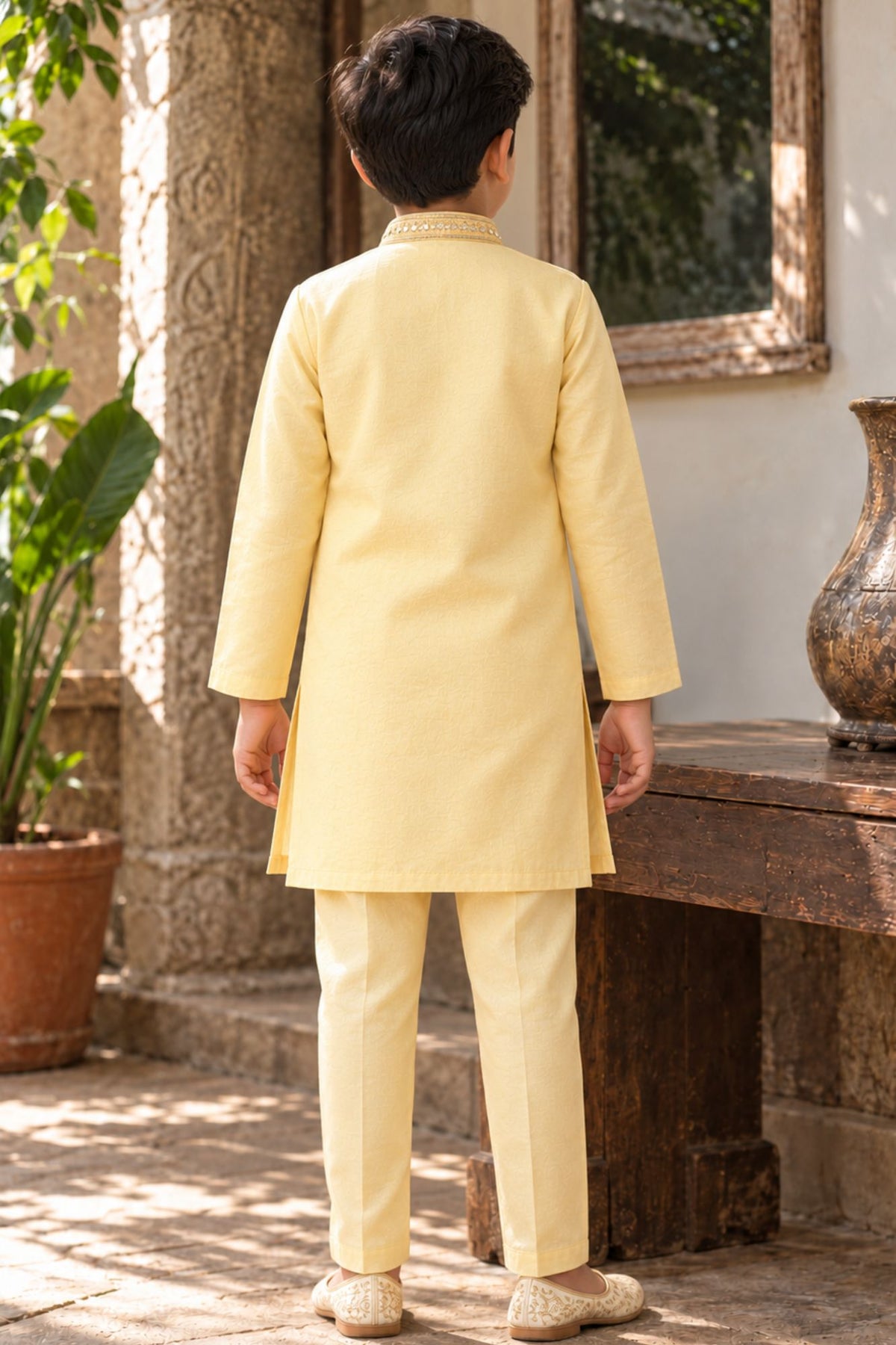 Yellow Embroidered Linen Kurta Set For Boys