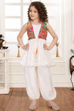 Cream Sequins Work Dhoti Set With Zari Work Overcoat For Girls