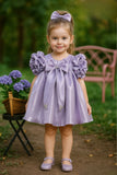 Purple Puff Sleeve And Bow Embellished Frock For Girls