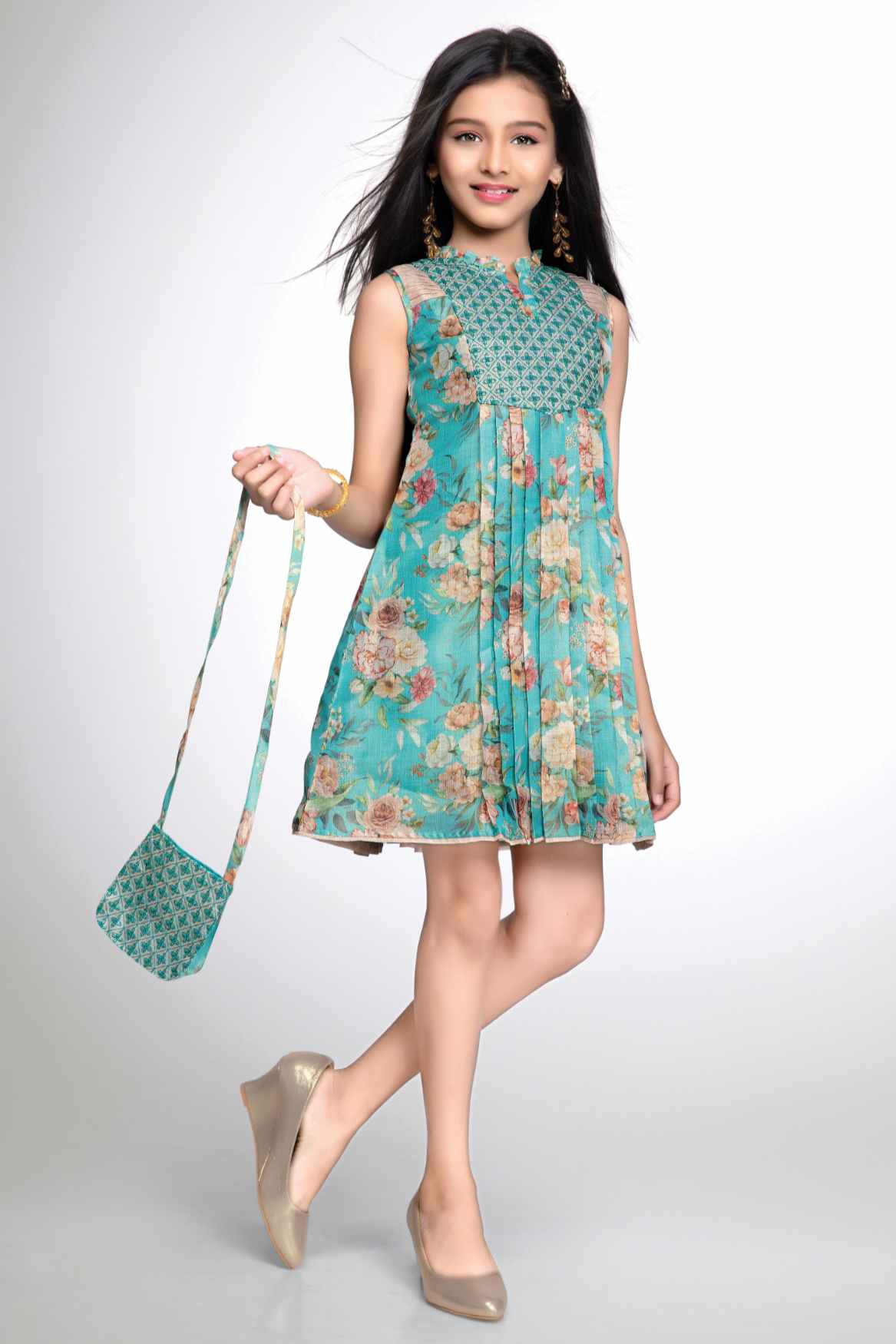 Teal Blue Bloom Sleeveless Floral Dress for Girls