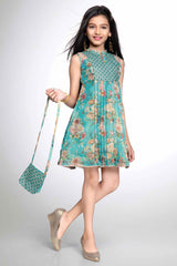Teal Blue Bloom Sleeveless Floral Dress for Girls