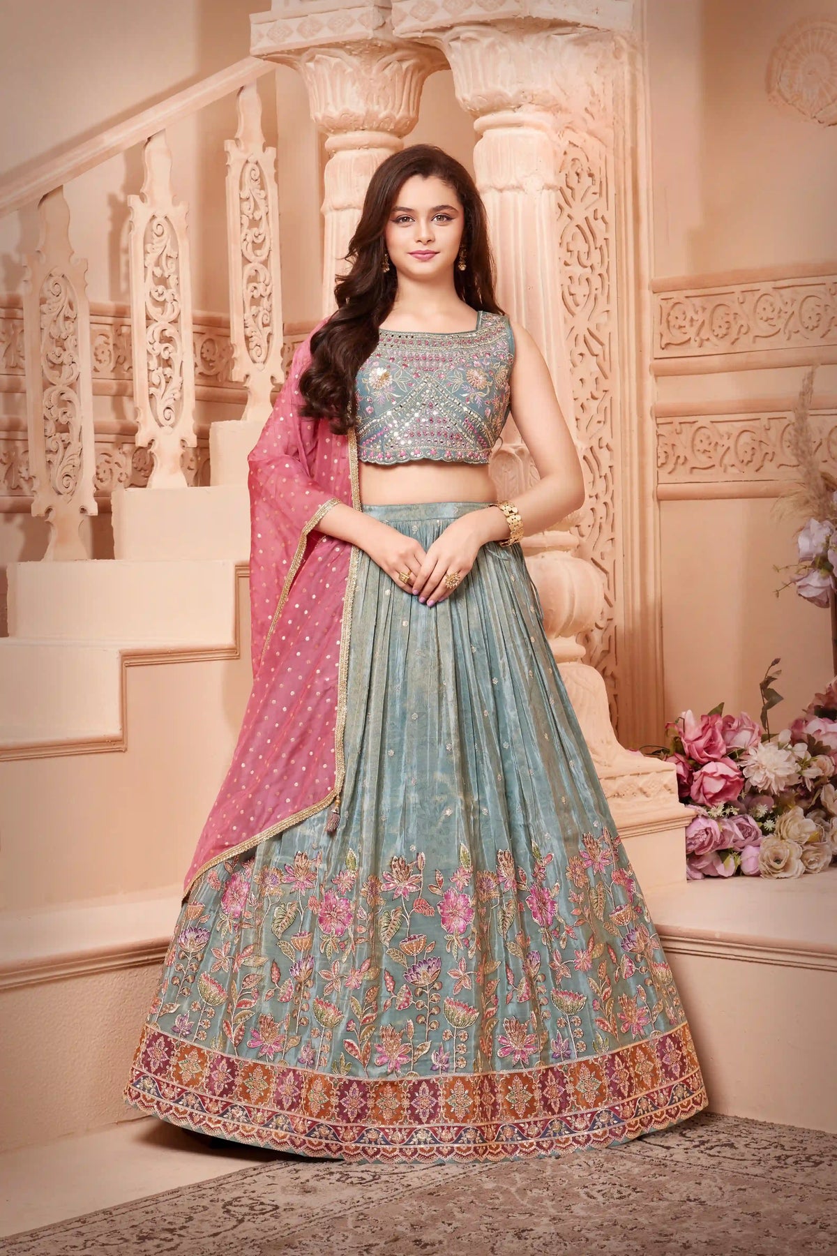 Sea Green Lehenga Choli Set with Mirror And Floral Embroidery For Girls