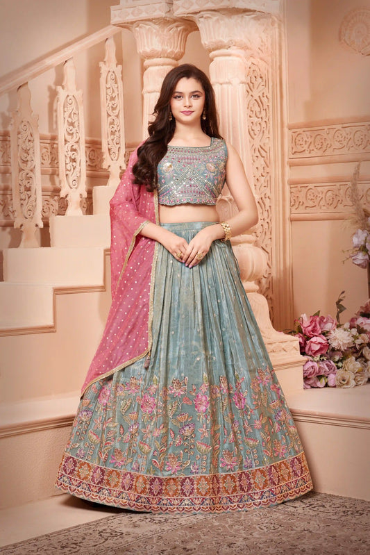 Sea Green Lehenga Choli Set with Mirror And Floral Embroidery For Girls