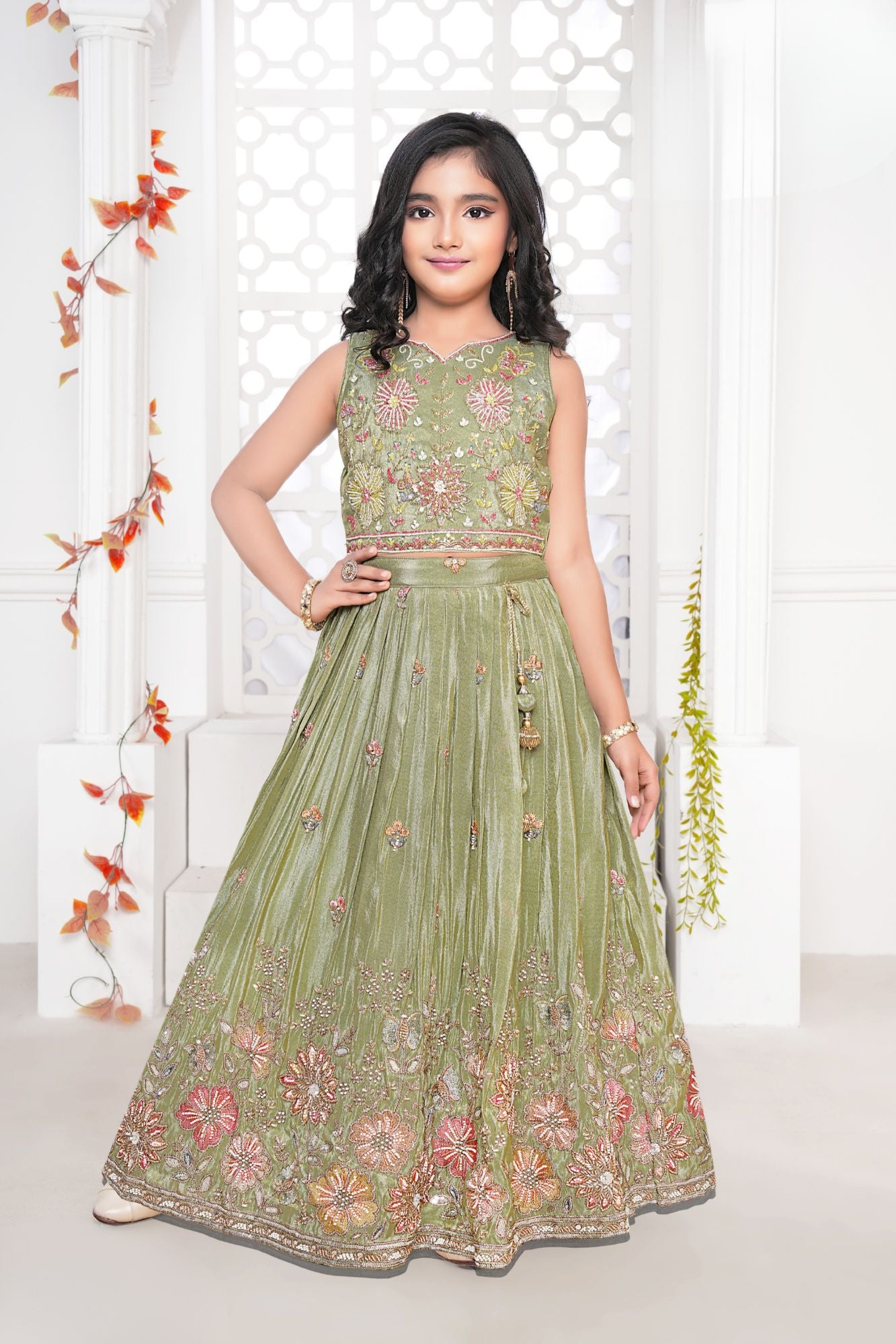 Girls Green Floral Embroidered Lehenga Choli Set