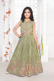 Girls Green Floral Embroidered Lehenga Choli Set